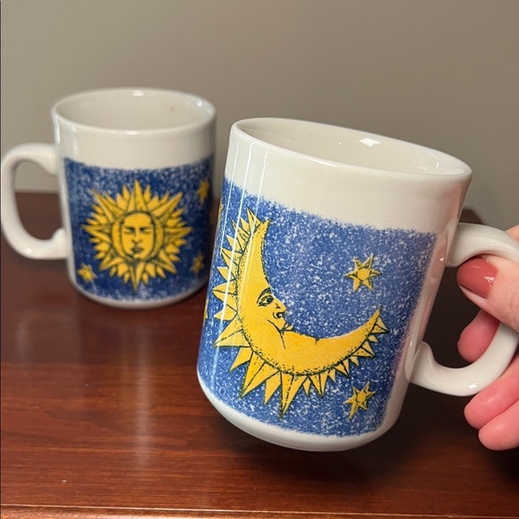 2 Vintage Made in Britain Celestial Sun Face Moon Face Ceramic Coffee Mugs - Picture 1 of 12